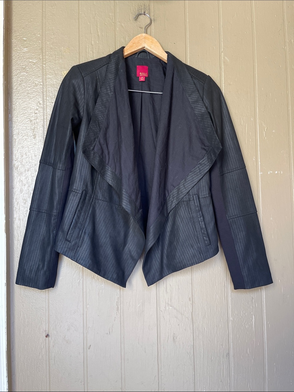 G.I.L.I. Black Open-Front Draped Suede Blazer in Black Size 0